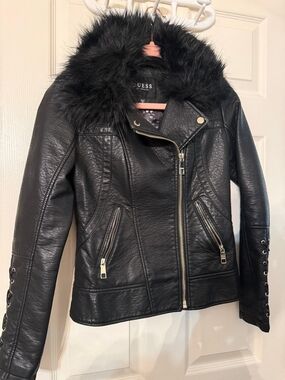 Guess Black Faux Leather Moto Jacket with Faux Fur Hood Trim